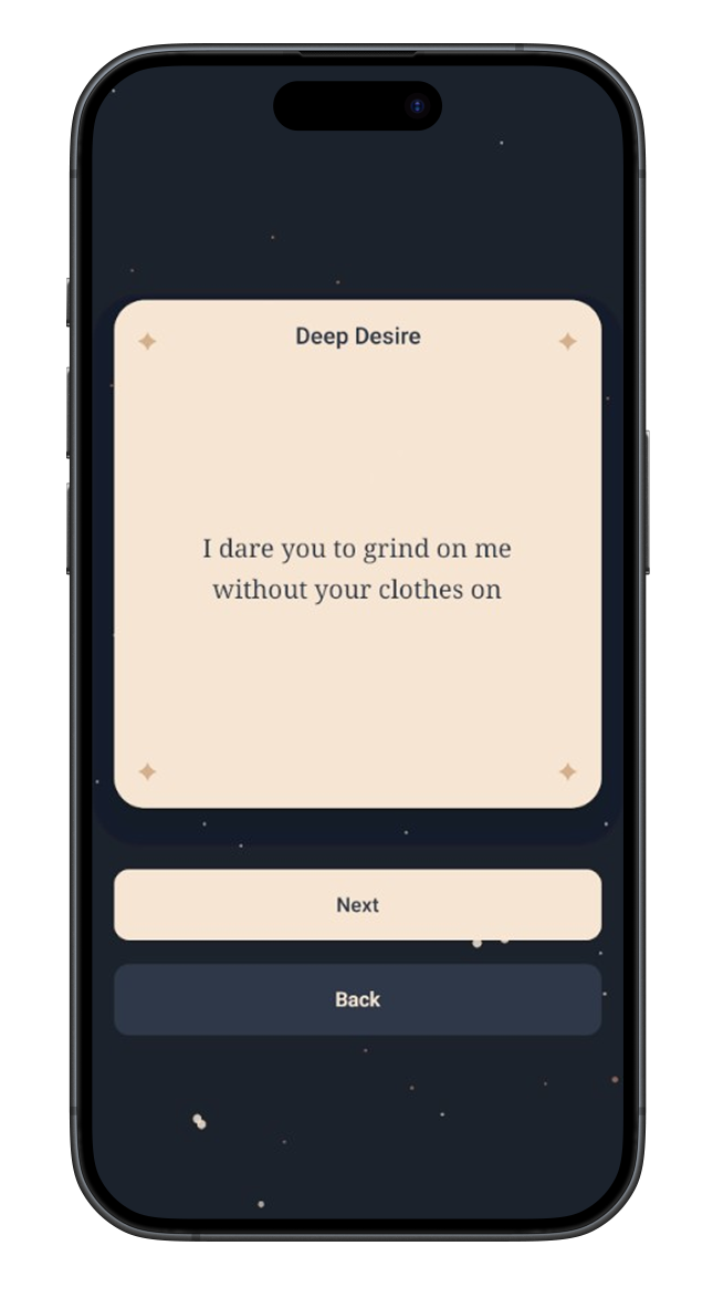 Desire Phase - Dare Me Baby intimate couples game showing intimate challenges on iPhone screen