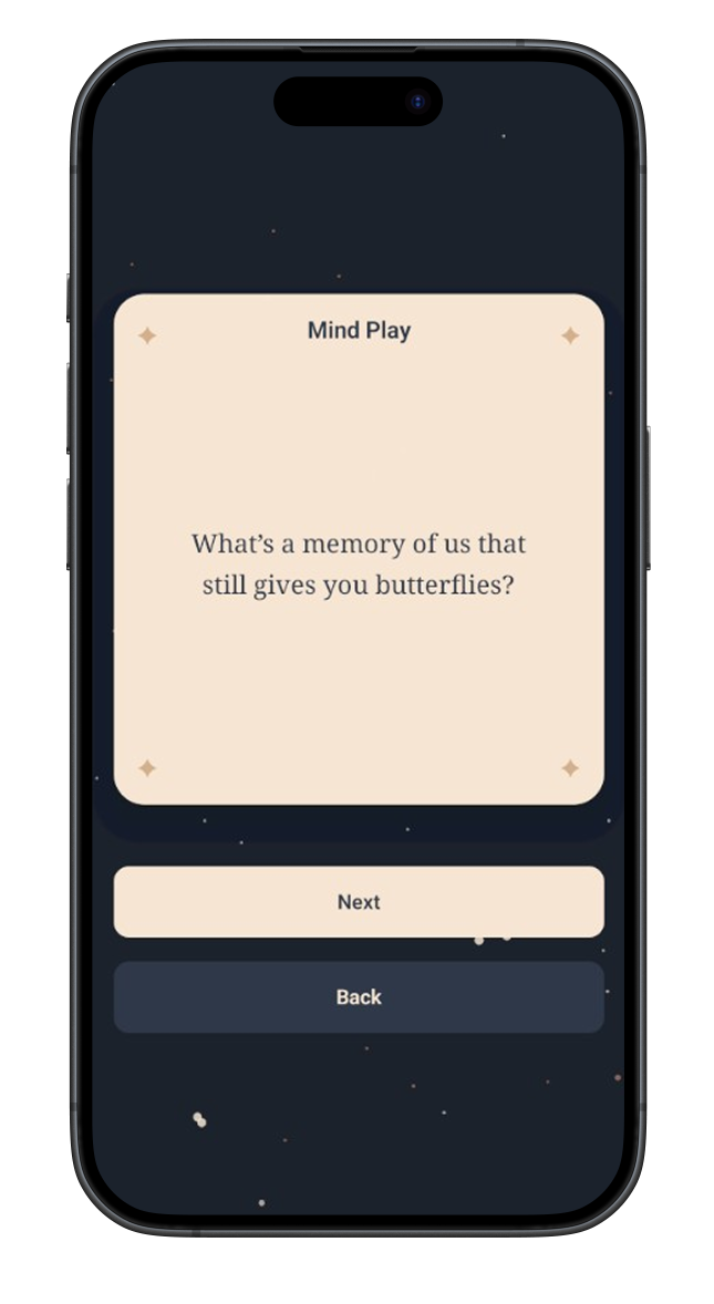 Talk Phase - Dare Me Baby intimate couples game showing conversation questions on iPhone screen