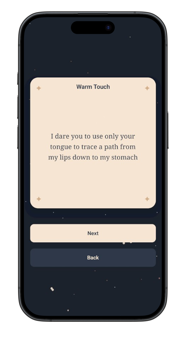 Touch Phase - Dare Me Baby intimate couples game showing touch activities on iPhone screen